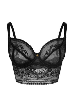 Black lace bralette with sheer cups, floral embroidery, and scalloped trim. Features adjustable straps and a central gold accent.