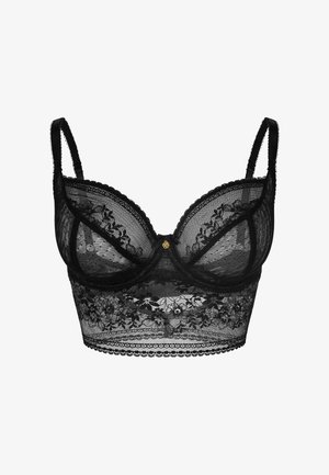 Schwarzes Spitzen-Bralette mit durchsichtigen Cups, floraler Stickerei und gewelltem Saum. Verfügt über verstellbare Träger und einen zentralen goldenen Akzent.