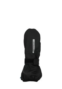 Schwarze wasserdichte Handwärmer mit einem Klettverschluss, elastischem Bündchen und einem Logoetikett. Glatte Textur mit einer abgerundeten Spitze und einem stromlinienförmigen Design.