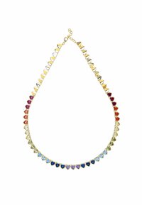 Gold-tone necklace featuring alternating heart-shaped stones in vibrant colors, arranged along a chain with a secure clasp.