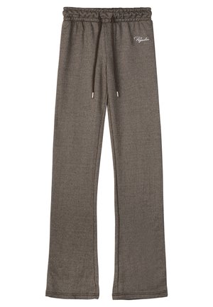 Rudi, raukšlėtas audinys sportinės kelnės, su elastinga juostele ir raišteliu. Šone yra subtilus logotipo siuvinėjimas. Platėjančių kojų dizainas.