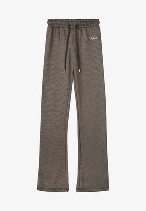 Rudi, raukšlėtas audinys sportinės kelnės, su elastinga juostele ir raišteliu. Šone yra subtilus logotipo siuvinėjimas. Platėjančių kojų dizainas.