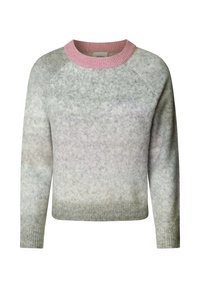 Suéter gris con un cuello de canalé rosa, mangas raglán y una apariencia suave y texturizada. El cuerpo presenta un efecto degradado que va de gris oscuro a gris claro.