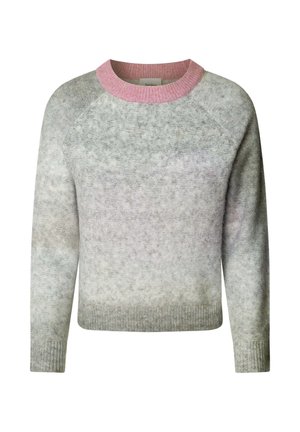 Grijze trui met een roze geribde kraag, raglanmouwen en een zachte, gestructureerde uitstraling. Het lijf heeft een gradient effect van donker naar licht grijs.