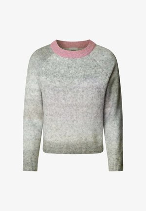 Grijze trui met een roze geribde kraag, raglanmouwen en een zachte, gestructureerde uitstraling. Het lijf heeft een gradient effect van donker naar licht grijs.