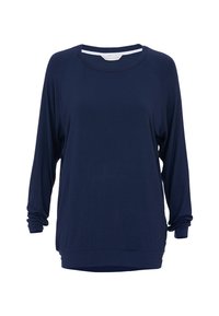 Marineblauwe, langlopende top met een relaxte pasvorm. Gemaakt van zachte stof, met een ronde halslijn en opgerolde manchetten. Eenvoudig en ongecompliceerd ontwerp.