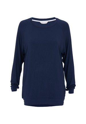 Marineblauwe, langlopende top met een relaxte pasvorm. Gemaakt van zachte stof, met een ronde halslijn en opgerolde manchetten. Eenvoudig en ongecompliceerd ontwerp.