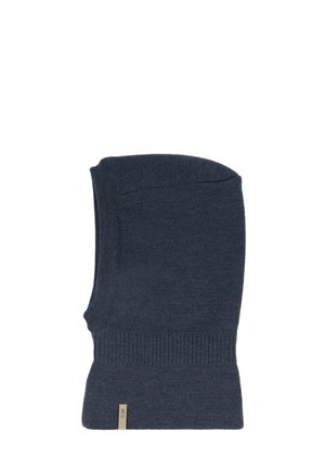 Dark gray knitted balaclava with ribbed neck section and small beige fabric tag near the bottom edge.