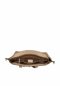 Sac à main en cuir beige à ouverture supérieure, montrant une doublure intérieure en tissu marron, une poche zippée et une étiquette de marque « Gabor ».