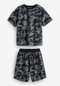 Sätt med topp och shorts i kamouflagemönster i grått och marinblått. Tillverkat av mjukt tyg, med elastisk midja och tryckta textdetaljer.
