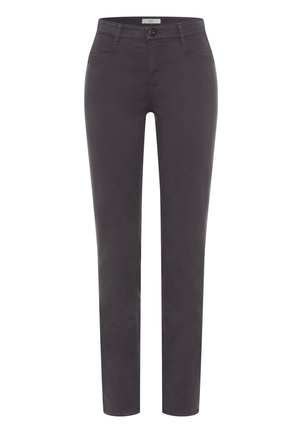 Pantaloni grigi in cotone a taglio aderente con chiusura a bottoni, tasche frontali e una texture liscia. Design a gamba dritta per un aspetto sartoriale.