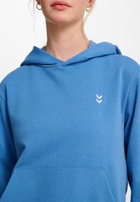 Ljusblå hoodies i mjukt material, med en framficka och en liten, krämfärgad chevron-logotyp på bröstet.