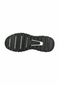 Suola di scarpa in gomma nera con superficie texturizzata, scanalature profonde e linee bianche accentuate. Presenta un tacco arrotondato e un design della punta rinforzato.