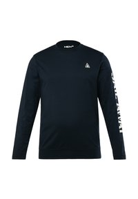 Felpa a maniche lunghe di colore blu navy realizzata in un tessuto morbido, con un piccolo logo sul petto e testo bianco sulla manica sinistra.