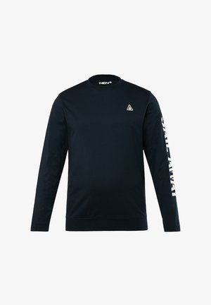 Navy sweatshirt met lange mouwen, gemaakt van zachte stof, met een klein logo op de borst en witte tekst op de linkermouw.