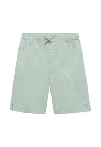 Shorts vert clair en tissu doux, dotés d'une taille élastique, d'un cordon de serrage et de poches latérales avec une coupe droite.
