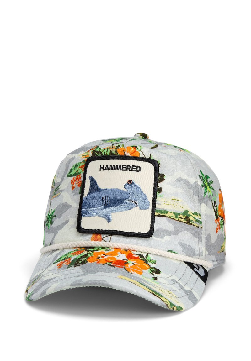 Cappello a fantasia floreale grigio con accenti arancioni e verdi. Presenta un'etichetta rettangolare con uno squalo martello blu e il testo "HAMMERED".