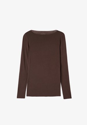 Brauner, langärmeliger Pullover aus weichem, elastischem Material mit rundem Halsausschnitt und lockerer Passform, der eine glatte Textur und minimales Design aufweist.