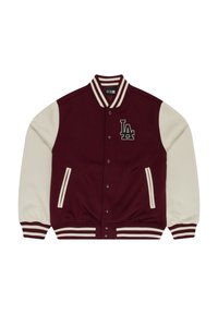 Maroon collegejakke med kremfargede ermer, ribbestrikkede mansjetter, hvite striper og "LA" logo på brystet. Trykknaplukking. Myk tekstur.