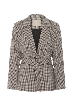 Blazer à carreaux en tissu gris et noir, avec un bouton simple, des revers crantés et une taille ceinturée.