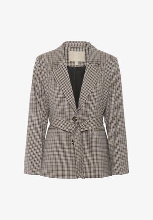 Pružna blazer jakna iz tkanine v sivo-črnih tonih, z enim gumbom, srajčno ovratnikom in pasom.