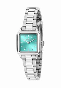 Orologio quadrato turchese con bracciale in metallo argentato, caratterizzato da un quadrante semplice e indicatori delle ore allungati, rifinito con una superficie lucida.