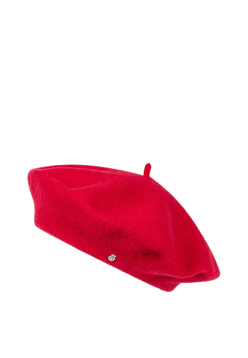 Red wool beret with a small top loop and a silver emblem on the side, shown against a white background.