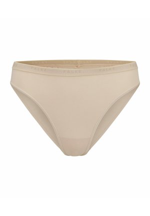 Beige katoenen slip met naadloos ontwerp, voorzien van een zachte elastische tailleband met het merkembleem "FALKE". Glad oppervlak.