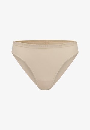 Beige Baumwoll-Slip mit nahtlosem Design, ausgestattet mit einem weichen elastischen Bund, der mit dem Markennamen "FALKE" geprägt ist. Glatte Textur.