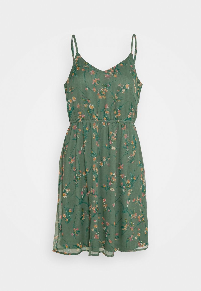 Green knee-length dress with thin straps, floral print in pink, yellow, and orange, and gathered waistline.