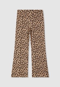 Pantaloni a zampa d'elefante con stampa leopardata in beige con macchie nere, realizzati in un tessuto morbido e elastico. Presentano una cintura elastica liscia.