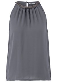 Blouse grise sans manches avec encolure ronde perlée et fermeture bouton à l’arrière.