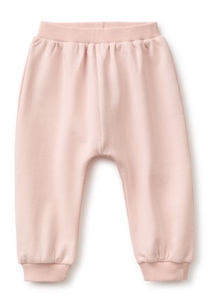 Weiche rosa Babyhose mit elastischem Bund und Bündchen, aus glattem Stoff gefertigt, für Komfort und Bewegungsfreiheit konzipiert.