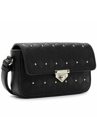 Borsa a tracolla nera realizzata in pelle testurizzata, con motivo a rombi, borchie metalliche e chiusura in argento. Design rettangolare compatto.