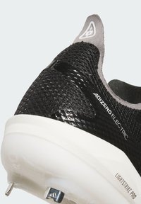 Black running shoe with a textured mesh upper, glossy accents, and a white outsole featuring metal studs. Model: Adizero Electric.