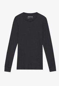 Camisola preta de malha de mangas longas, feita de um tecido suave. Apresenta um decote redondo e punhos ajustados para um ajuste perfeito. Design simples e versátil.