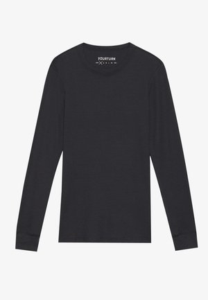 Čierne tričko s dlhým rukávom z jemnej ribovanej látky. Má okrúhly výstrih a priliehajúce manžety pre dokonalé priliehanie. Jednoduchý a všestranný dizajn.