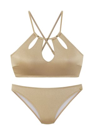 Gold glitzernder Bikini-Anzug mit einem Bralette-Oberteil mit Ausschnitt-Details und verstellbaren Trägern, kombiniert mit passenden hüfttiefen Slips.