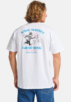 White cotton t-shirt featuring a graphic of a striped surfer with a surfboard, blue text reading "WAVE MAGNET" and "Call 617-BONG."