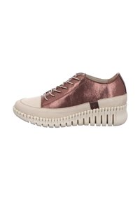 Sneaker with a rose gold metallic upper and beige leather toe cap. Features a unique ridged rubber sole for added texture and style.