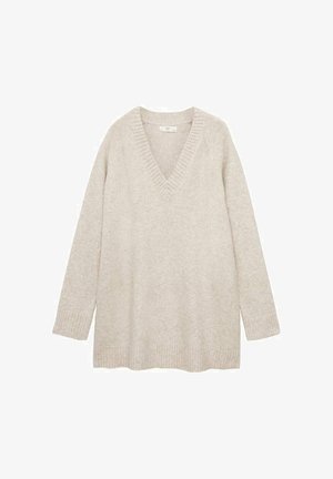 Pull en maille beige clair avec un col en V, des manches longues, des poignets et un ourlet côtelés, offrant une texture douce et une coupe décontractée.