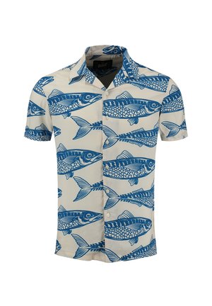 Short-sleeve button-up shirt in cream fabric featuring a blue fish pattern, including various fish shapes and details, with a classic collar.