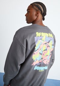 Sweatshirt griș cu un grafic colorat reprezentând munți pe partea din spate, având textul "THE NORTH FACE" și "EXPEDITION SERIES" în culori vii.