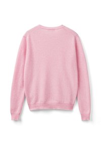Maglione a maniche lunghe in maglia rosa pallido con polsini, orlo e colletto a coste, mostrato disteso con il lato posteriore su uno sfondo bianco.