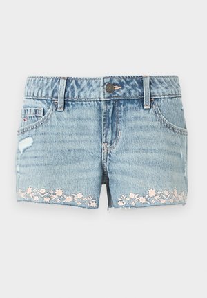 Denim shorts in light blue with a frayed hem. Features floral embroidery in pink near the hem, five-pocket design, and button closure.