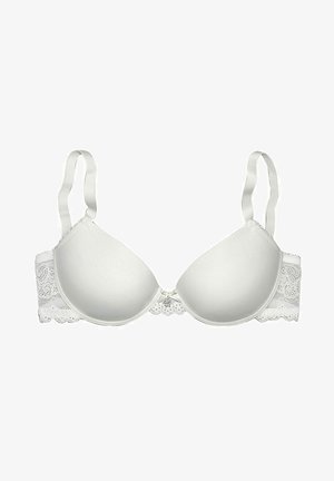 White bra with smooth molded cups, lace side band, adjustable straps, and a small decorative center detail.