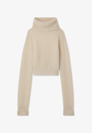 Skórzany sweter z kołnierzem w kolorze kremowym, dzianinowa tekstura, długie rękawy z prążkowanymi mankietami, wykonany z miękkiego, przytulnego materiału.