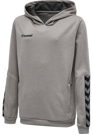 Sweat à capuche gris Hummel avec des rayures en chevron noires sur les manches et une poche kangourou à l'avant.