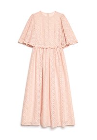 Vestido midi de renda rosa claro com padrão de diamante, decote redondo e mangas largas até ao cotovelo.