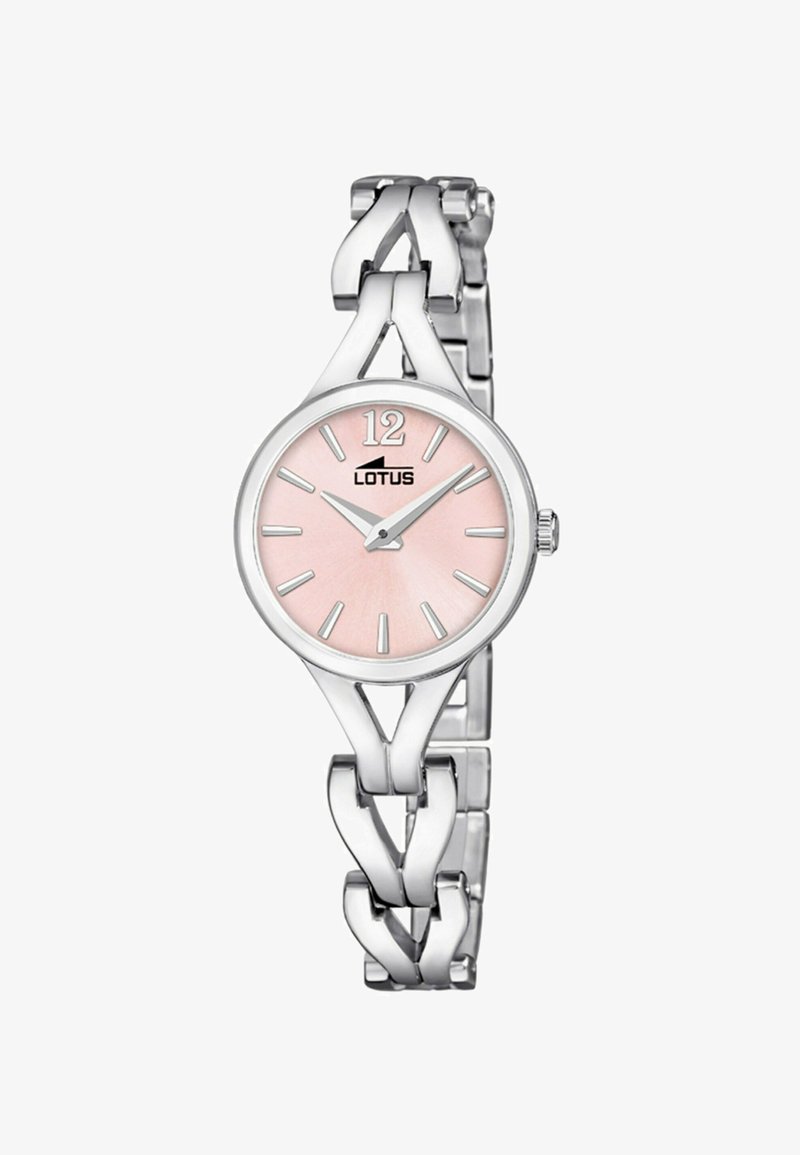 Silberne Uhr aus Edelstahl mit einem pinken Zifferblatt, versehen mit silbernen Stundenmarkierungen, einer 12-Uhr-Zahl und einem Gliederarmband-Design.